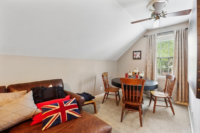 5720 Saint Charles Ct, Hermitage, TN 37076 - dining area featuring lofted ceiling, carpet flooring, a ceiling fan, and baseboards