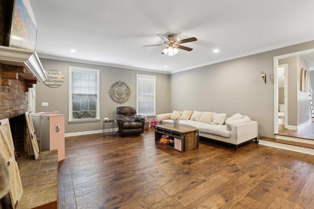 5720 Saint Charles Ct, Hermitage, TN 37076 - living room with ornamental molding, a ceiling fan, wood-type flooring, recessed lighting, and a brick fireplace