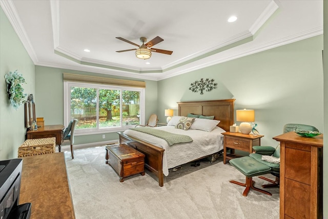 440 Ridgestone Dr, Franklin, TN 37064 - bedroom with light colored carpet, a tray ceiling, ornamental molding, a ceiling fan, and recessed lighting