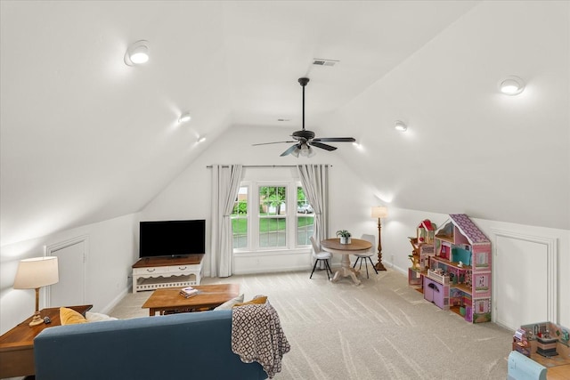 440 Ridgestone Dr, Franklin, TN 37064 - living room with lofted ceiling, a ceiling fan, and carpet