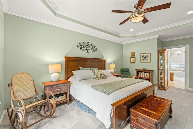 440 Ridgestone Dr, Franklin, TN 37064 - bedroom featuring light carpet, crown molding, ceiling fan, and a tray ceiling