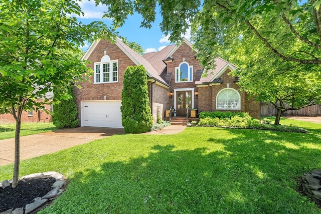 440 Ridgestone Dr, Franklin, TN 37064 - traditional home featuring brick siding, a garage, concrete driveway, a shingled roof, and french doors