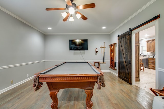 5740 Johnson Rd, Murfreesboro, TN 37127 - game room with a barn door, recessed lighting, light wood-style floors, ceiling fan, and ornamental molding