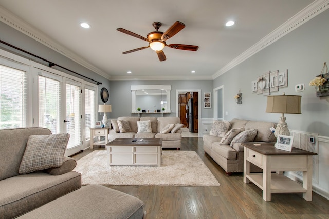 5740 Johnson Rd, Murfreesboro, TN 37127 - living room with recessed lighting, a ceiling fan, wood finished floors, crown molding, and french doors