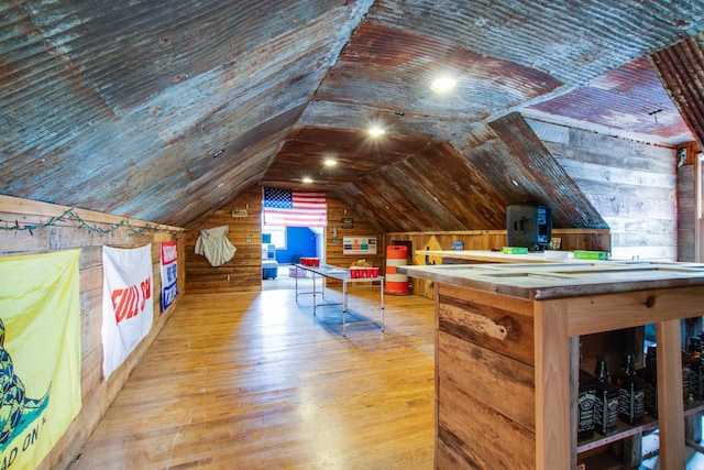 5740 Johnson Rd, Murfreesboro, TN 37127 - game room with wooden walls, wood-type flooring, and vaulted ceiling