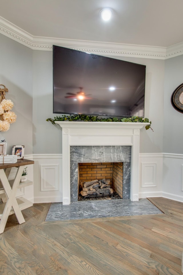 5740 Johnson Rd, Murfreesboro, TN 37127 - detailed view of a high end fireplace, wainscoting, wood finished floors, and ornamental molding
