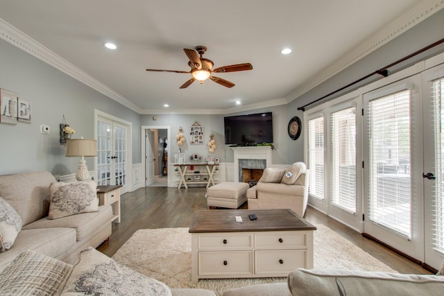 5740 Johnson Rd, Murfreesboro, TN 37127 - living room with french doors, ceiling fan, crown molding, wood finished floors, and recessed lighting