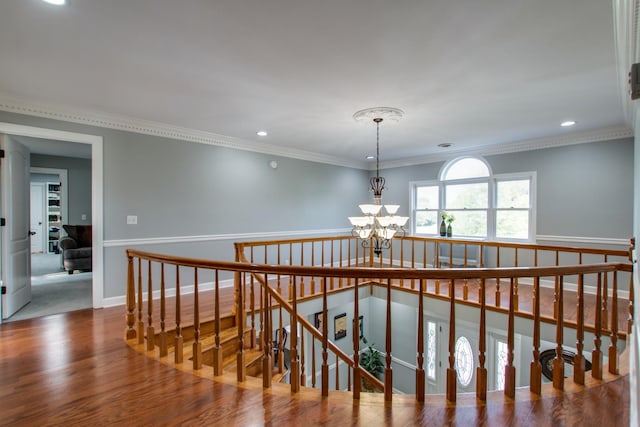 5740 Johnson Rd, Murfreesboro, TN 37127 - corridor with a chandelier, an upstairs landing, recessed lighting, wood finished floors, and crown molding