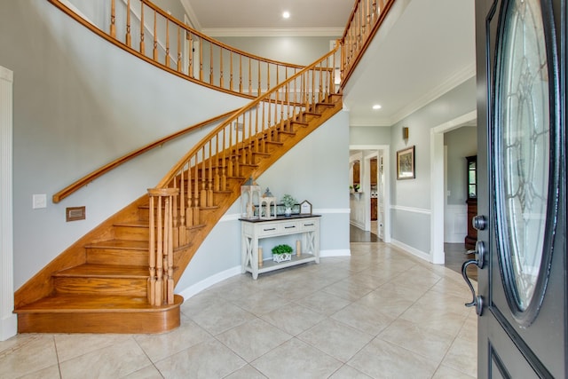 5740 Johnson Rd, Murfreesboro, TN 37127 - foyer with ornamental molding, stairway, light tile patterned floors, recessed lighting, and baseboards
