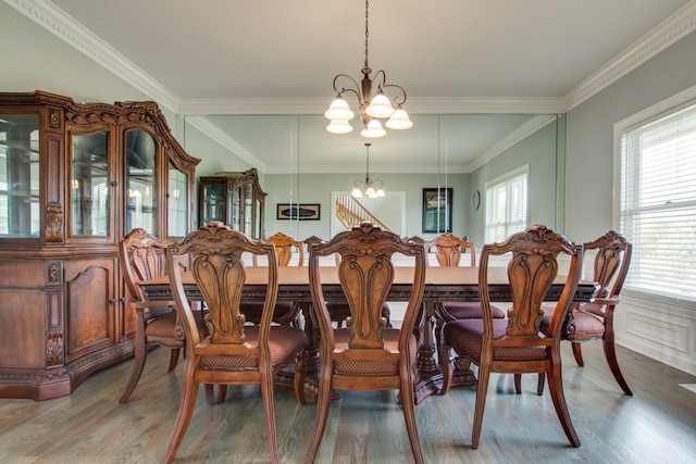 5740 Johnson Rd, Murfreesboro, TN 37127 - dining room with a chandelier, plenty of natural light, wood finished floors, crown molding, and a wainscoted wall