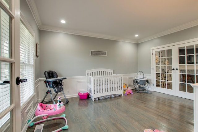 5740 Johnson Rd, Murfreesboro, TN 37127 - bedroom featuring french doors, recessed lighting, wainscoting, wood finished floors, and ornamental molding