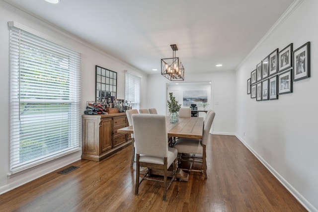 933 Percy Warner Blvd, Nashville, TN 37205 - dining space featuring a chandelier, dark wood-type flooring, ornamental molding, baseboards, and recessed lighting