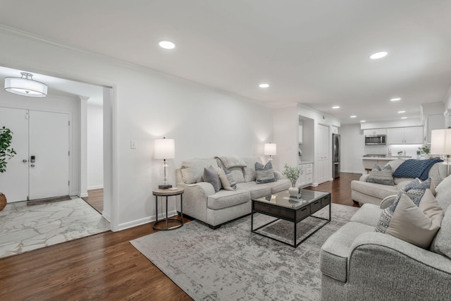 933 Percy Warner Blvd, Nashville, TN 37205 - living area featuring recessed lighting, ornamental molding, baseboards, and dark wood-type flooring
