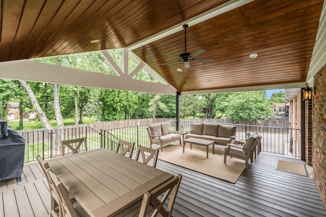 933 Percy Warner Blvd, Nashville, TN 37205 - wooden terrace featuring an outdoor living space, a fenced backyard, a ceiling fan, outdoor dining space, and grilling area