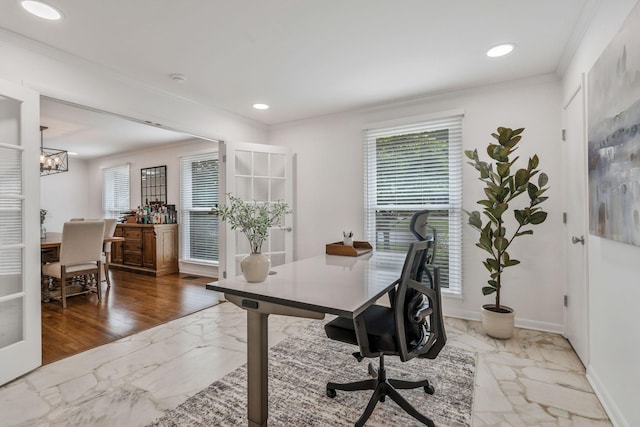 933 Percy Warner Blvd, Nashville, TN 37205 - office area featuring marble finish floors, crown molding, recessed lighting, baseboards, and a chandelier