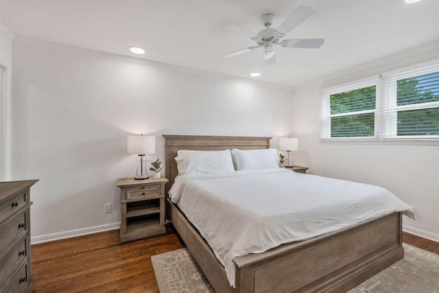 933 Percy Warner Blvd, Nashville, TN 37205 - bedroom with crown molding, dark wood finished floors, baseboards, recessed lighting, and a ceiling fan
