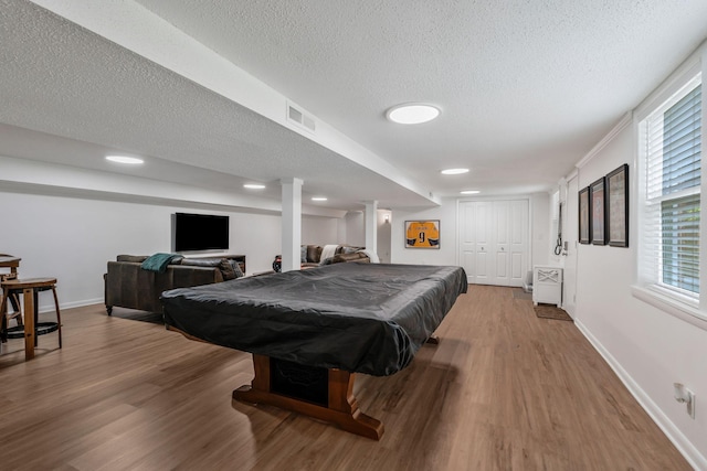 933 Percy Warner Blvd, Nashville, TN 37205 - playroom with wood finished floors, a textured ceiling, baseboards, and billiards table