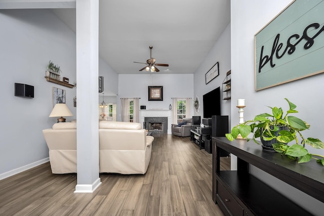 116 Macy Ct, Christiana, TN 37037 - living room featuring ceiling fan, wood finished floors, a high end fireplace, baseboards, and vaulted ceiling