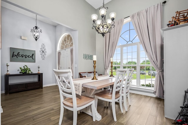 116 Macy Ct, Christiana, TN 37037 - dining space with a chandelier, wood finished floors, plenty of natural light, a towering ceiling, and baseboards