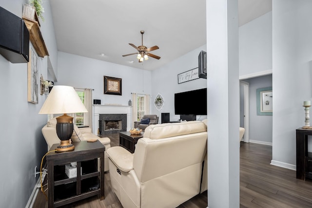 116 Macy Ct, Christiana, TN 37037 - living area with ceiling fan, wood finished floors, a fireplace, and baseboards