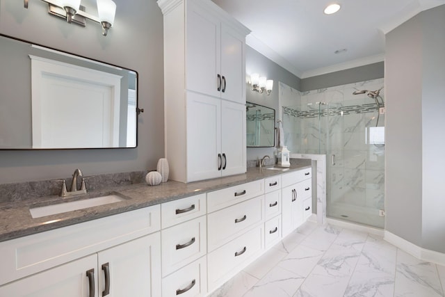 140 Split Rail Ln, Spring Hill, TN 37174 - full bath with a marble finish shower, double vanity, recessed lighting, marble finish floors, and baseboards
