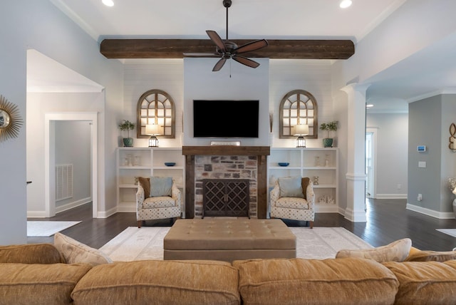 140 Split Rail Ln, Spring Hill, TN 37174 - living area with beamed ceiling, a ceiling fan, baseboards, wood finished floors, and recessed lighting