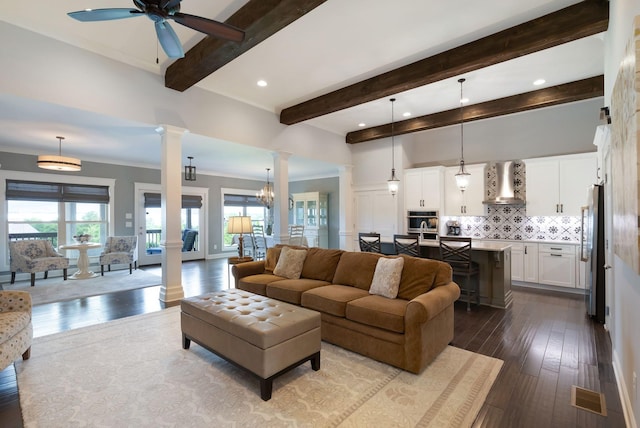140 Split Rail Ln, Spring Hill, TN 37174 - living area with ornate columns, dark wood-type flooring, beam ceiling, a ceiling fan, and recessed lighting