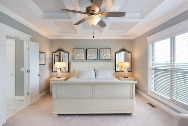 140 Split Rail Ln, Spring Hill, TN 37174 - bedroom with coffered ceiling, baseboards, beam ceiling, a ceiling fan, and light carpet