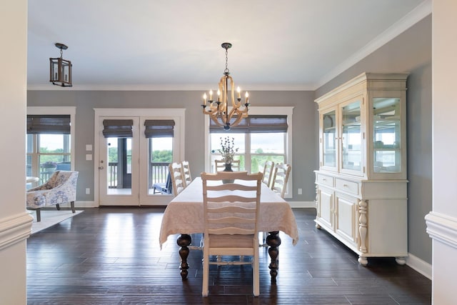 140 Split Rail Ln, Spring Hill, TN 37174 - dining room featuring a chandelier, healthy amount of natural light, crown molding, baseboards, and dark wood-style floors