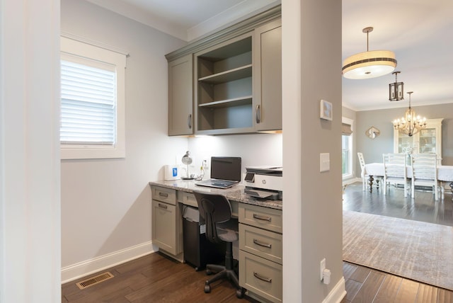 140 Split Rail Ln, Spring Hill, TN 37174 - home office with dark wood-style floors, crown molding, built in desk, baseboards, and a chandelier