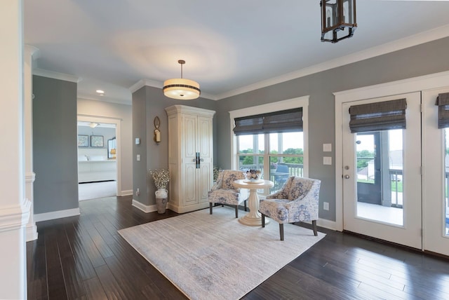 140 Split Rail Ln, Spring Hill, TN 37174 - sitting room with dark wood-type flooring, baseboards, crown molding, and recessed lighting
