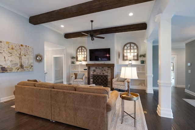 140 Split Rail Ln, Spring Hill, TN 37174 - living area with a ceiling fan, beam ceiling, baseboards, decorative columns, and a fireplace