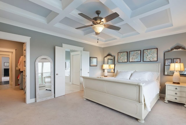 140 Split Rail Ln, Spring Hill, TN 37174 - bedroom featuring coffered ceiling, light colored carpet, beam ceiling, ceiling fan, and baseboards