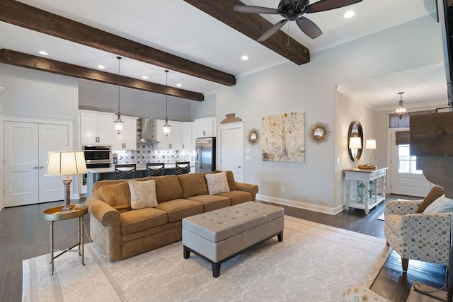 140 Split Rail Ln, Spring Hill, TN 37174 - living area with light wood-style floors, ceiling fan, baseboards, recessed lighting, and beam ceiling