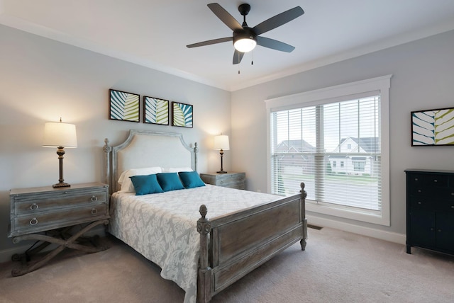 140 Split Rail Ln, Spring Hill, TN 37174 - bedroom featuring light colored carpet, baseboards, ceiling fan, and ornamental molding