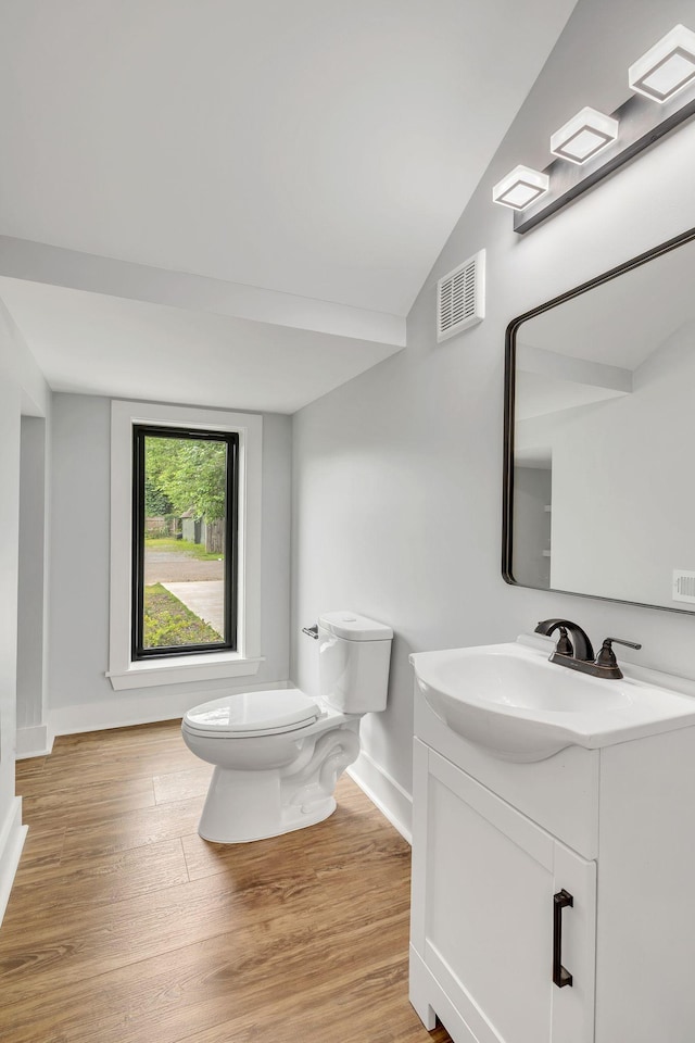 415 S University St, Murfreesboro, TN 37130 - bathroom featuring baseboards, toilet, vanity, wood finished floors, and vaulted ceiling