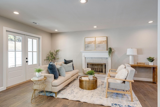 4626 Cato Rd, Nashville, TN 37218 - living area with recessed lighting, wood finished floors, french doors, a fireplace, and baseboards