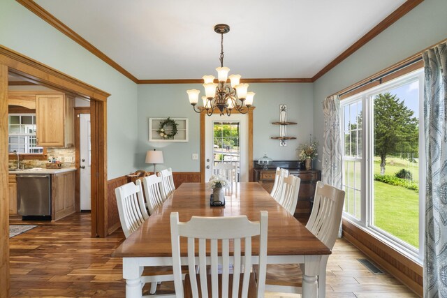 29 Roger Monk Rd, Petersburg, TN 37144 - dining room featuring a chandelier, wood finished floors, ornamental molding, and a wainscoted wall