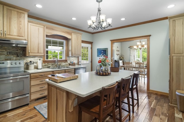 29 Roger Monk Rd, Petersburg, TN 37144 - kitchen with stainless steel appliances, a chandelier, under cabinet range hood, light brown cabinetry, and recessed lighting