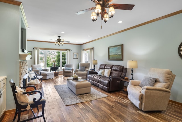 29 Roger Monk Rd, Petersburg, TN 37144 - living room with a ceiling fan, ornamental molding, dark wood finished floors, recessed lighting, and baseboards