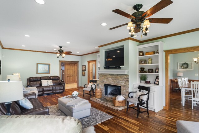 29 Roger Monk Rd, Petersburg, TN 37144 - living room featuring ceiling fan, wood finished floors, a fireplace, recessed lighting, and ornamental molding
