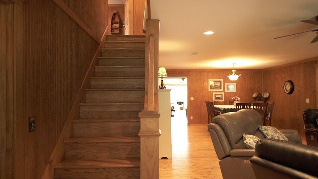 29 Roger Monk Rd, Petersburg, TN 37144 - stairs with wood finished floors, a ceiling fan, and wooden walls