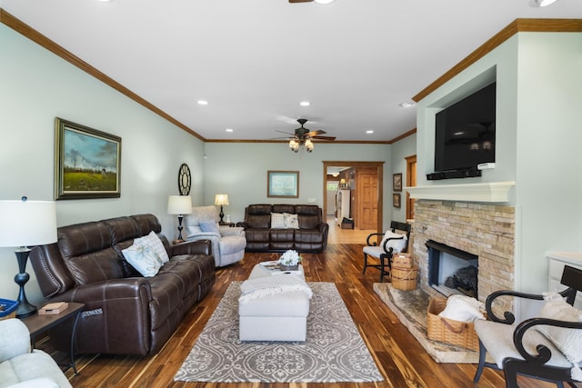 29 Roger Monk Rd, Petersburg, TN 37144 - living room featuring hardwood / wood-style flooring, ceiling fan, a fireplace with raised hearth, ornamental molding, and recessed lighting