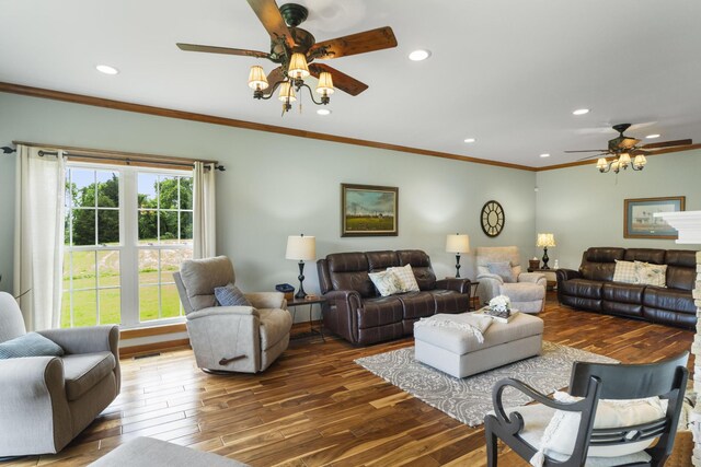 29 Roger Monk Rd, Petersburg, TN 37144 - living room with a ceiling fan, recessed lighting, ornamental molding, and wood-type flooring