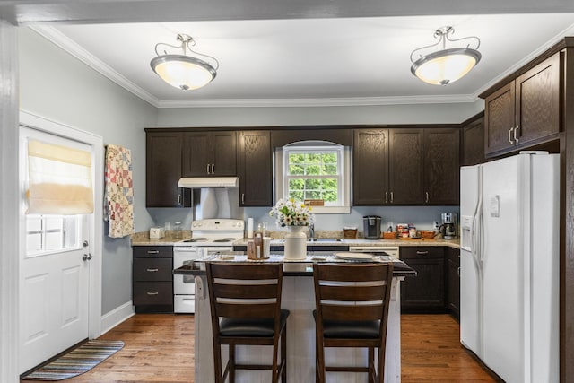 29 Roger Monk Rd, Petersburg, TN 37144 - kitchen with white appliances, dark brown cabinets, wood finished floors, and ornamental molding