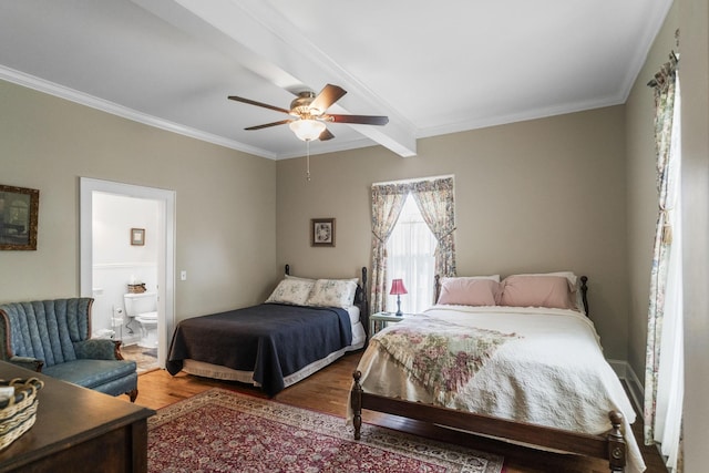 29 Roger Monk Rd, Petersburg, TN 37144 - bedroom featuring wood finished floors, beam ceiling, crown molding, connected bathroom, and ceiling fan