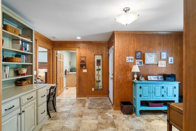 29 Roger Monk Rd, Petersburg, TN 37144 - hallway with wood walls and light stone finish flooring