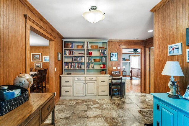 29 Roger Monk Rd, Petersburg, TN 37144 - home office featuring wooden walls, light stone finish flooring, and ceiling fan