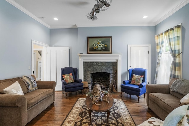 29 Roger Monk Rd, Petersburg, TN 37144 - living area featuring ornamental molding, a fireplace, dark wood finished floors, and recessed lighting