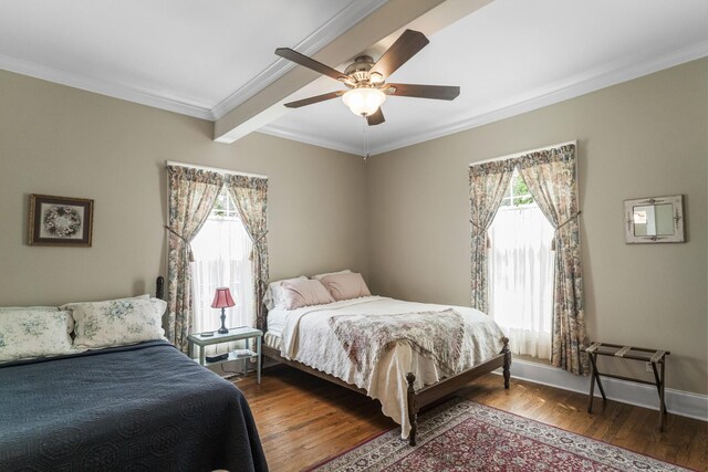 29 Roger Monk Rd, Petersburg, TN 37144 - bedroom with multiple windows, crown molding, wood finished floors, beam ceiling, and a ceiling fan